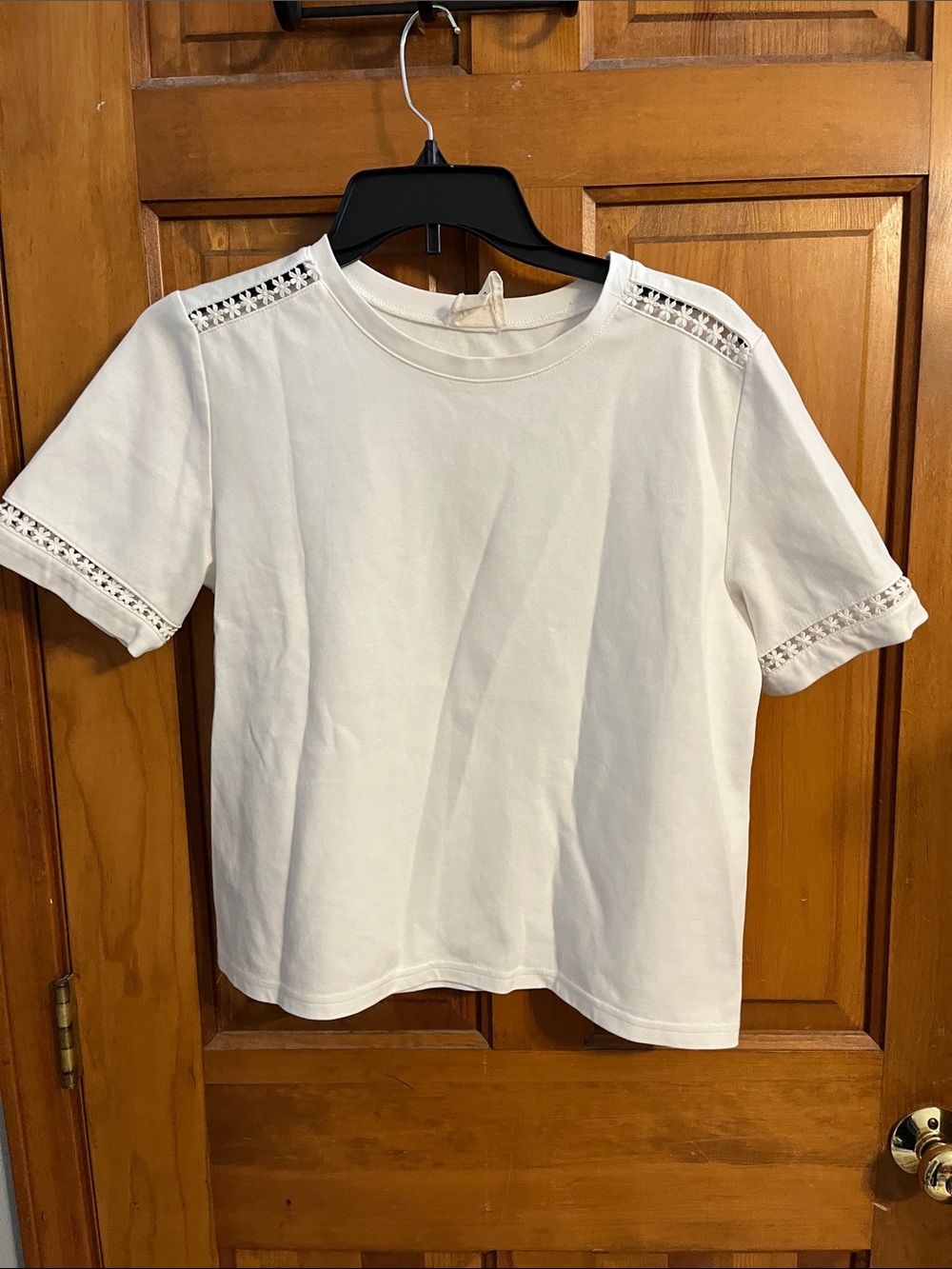 Women’s Cotton White Short Sleeve Top with floral Trim